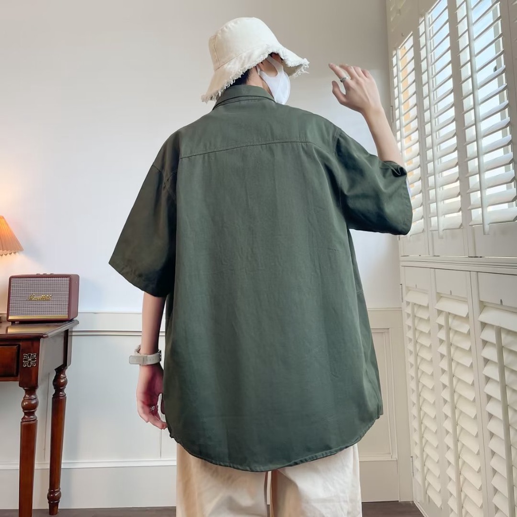 Áo Sơ Mi Cotton Tay Ngắn Dáng Rộng Phối Túi Phong Cách Vintage Cho Nam Giới Có Size M-8XL