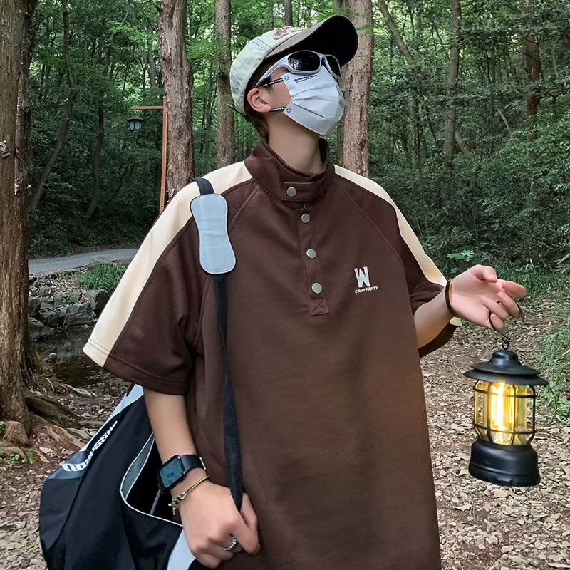 Áo Thun Polo Tay Ngắn Cổ Đứng Phối Màu Tương Phản Phong Cách Retro Mỹ Cho Nam