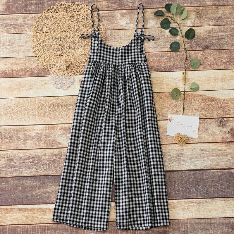 Bộ Áo Liền Quần Bằng Vải Lanh Cotton Dáng Rộng Eo Cao Họa Tiết Kẻ Ô Nghệ Thuật Cổ Điển Thời Trang Mùa Hè 20
