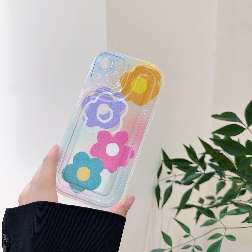Ốp Điện Thoại TPU Dẻo Trong Suốt Họa Tiết Hoa &amp; Cầu Vồng Kèm Giá Đỡ Chống Rơi Cho iPhone 14 Plus 13 12 11 Pro Max
