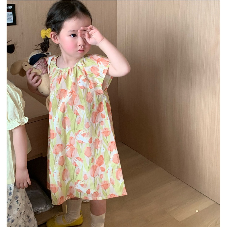 Hàng Có Sẵn Đầm Hoa Sát Nách Vải Cotton Nguyên Chất Thời Trang Mùa Hè Phong Cách Hàn Quốc Cho Bé Gái