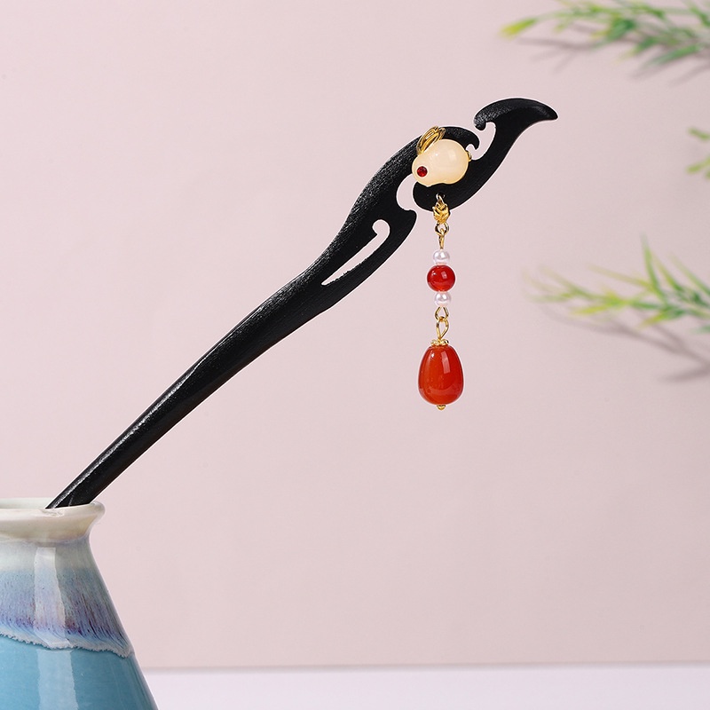 Trâm Cài Tóc Bằng Gỗ Mun Đính Ngọc Bích Giả Kiểu Hán Phục Trung Hoa Cổ Điển