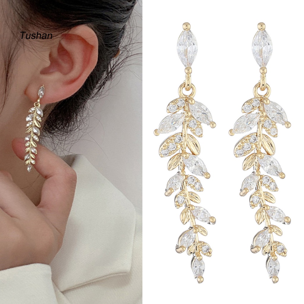 1 Đôi Bông Tai Hình Chiếc Lá Đính Đá Zircon Thời Trang