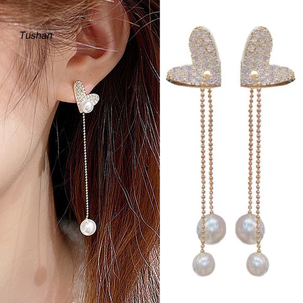 [Ts] Bông Tai Thả Dây Dài Hình Trái Tim Đính Đá Sáng Bóng Thanh Lịch Dành Cho Nữ