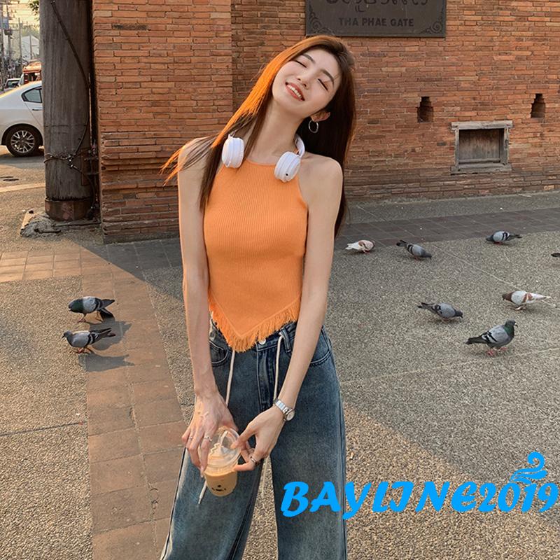 Áo Hai Dây Dệt Kim Hở Lưng Phối Tua Rua Thời Trang Mùa Hè Cho Nữ
