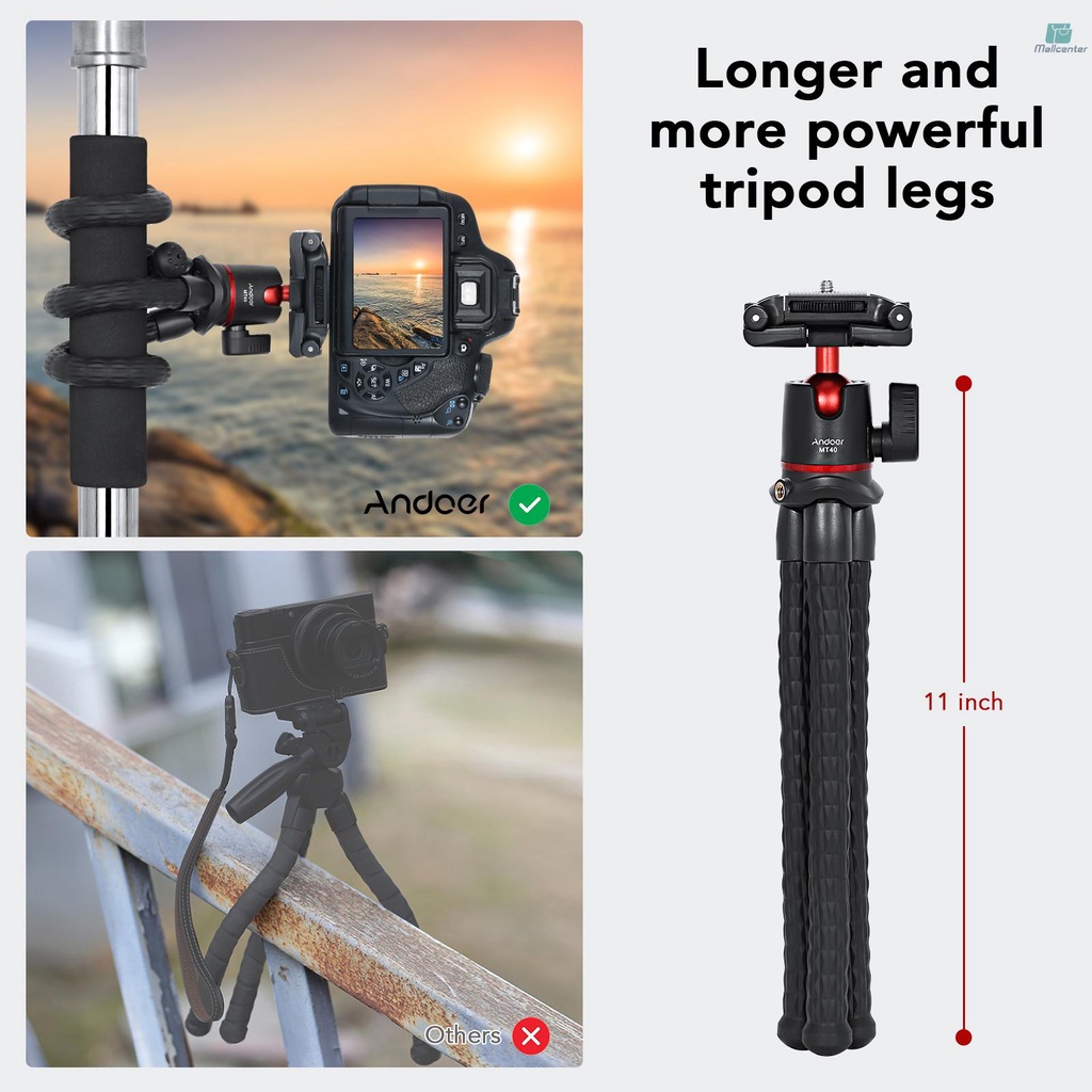 Andoer MT40 Flexible Octopus Tripod Stand Desktop Vlog Bracket 360° Rotatabble with 1/4 Inch Screw &amp; Phone Holder 2-in-1 Platform Cold Shoe Mount for Smartphone Camera Vlog Selfie Live Streaming