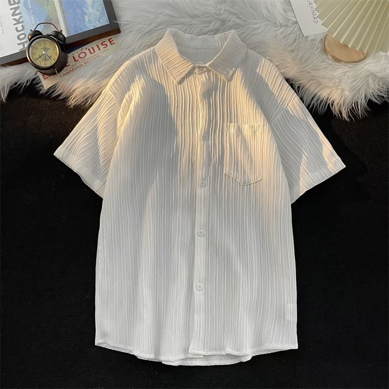 Áo Sơ Mi Lụa Lạnh Tay Ngắn Phong Cách Đường Phố Hong Kong Thời Trang Mùa Hè Cho Nam