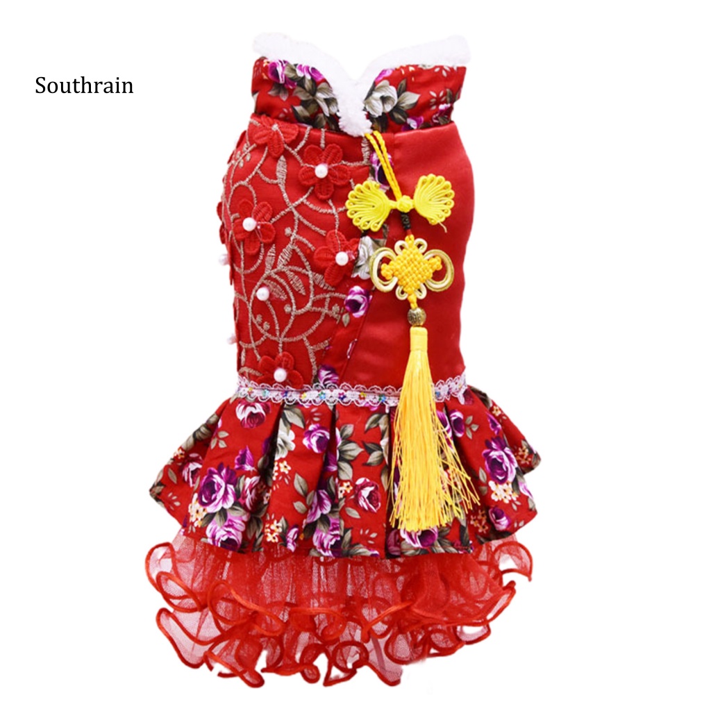 Đầm Hóa Trang Vải Tuyn Mềm Phối Tua Rua In Hoa Dễ Thương Cho Thú Cưng