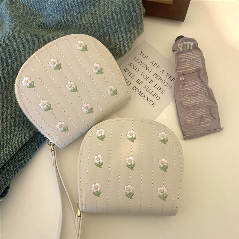 Ví Nữ Ngắn Có Khóa Kéo Thêu Hoa Xinh Xắn Giá Đỡ