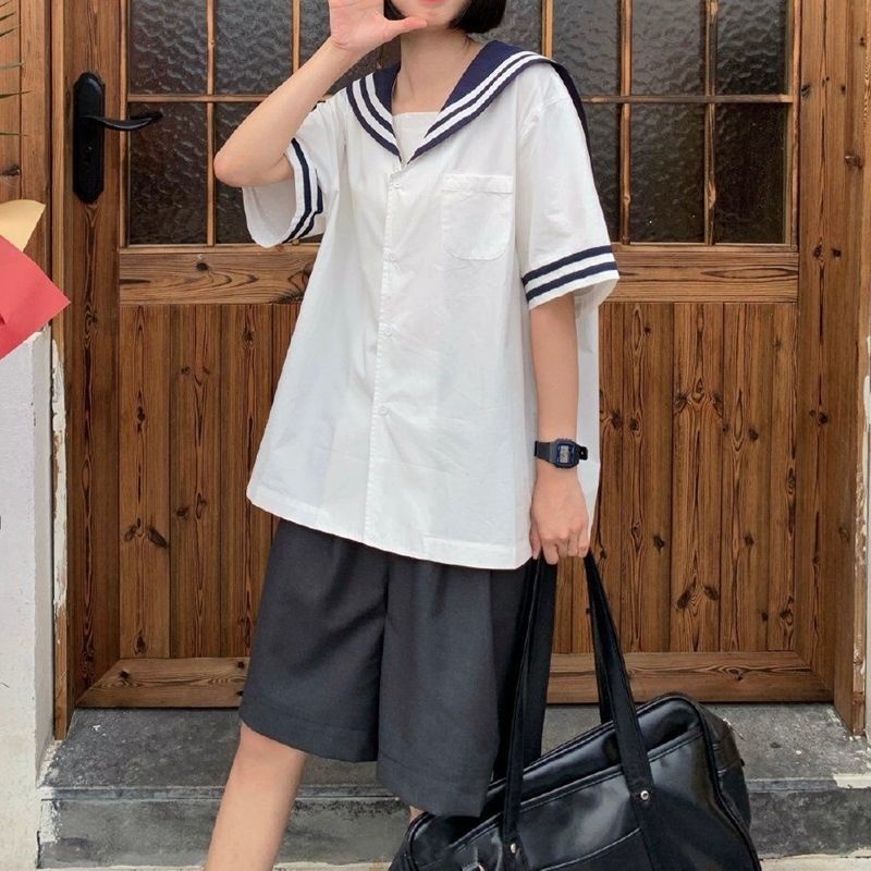 Set Áo Sơ Mi Tay Ngắn Cổ Thủy Thủ + Quần Short Dáng Rộng Trẻ Trung Phong Cách Nhật Bản