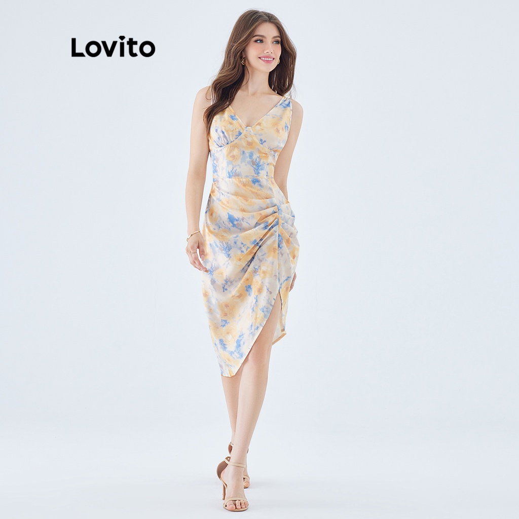 Đầm Lovito midi bút chì không tay xếp nếp nhuộm màu loang phong cách vintage dành cho nữ L49ED113 (nhiều màu sắc)