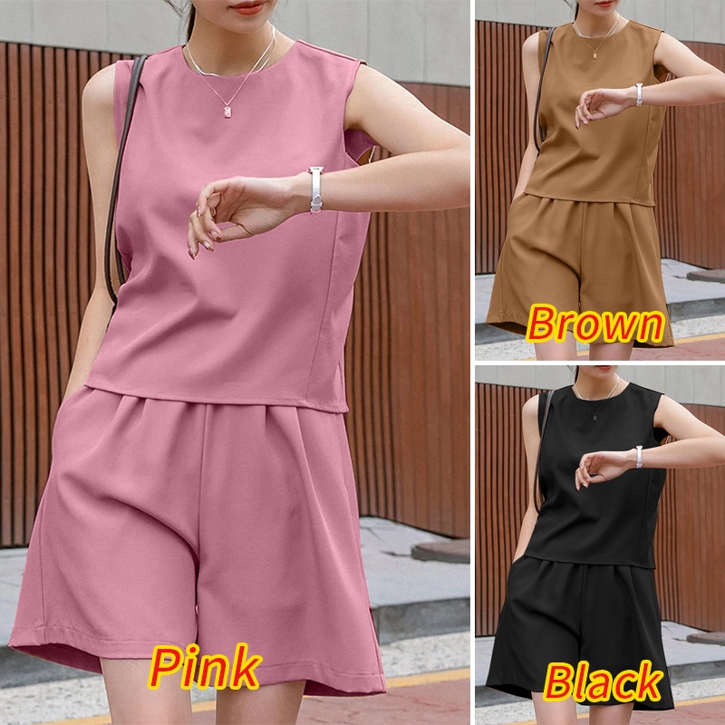 Zanzea Set Áo Thun Không Tay Cổ Tròn Kèm Quần Short Lưng Thun Thời Trang Nữ