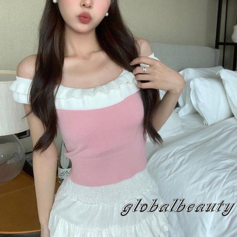 Áo Dệt Kim Không Tay Hở Vai Phối Bèo Nhún Thời Trang Mùa Hè Cho Nữ