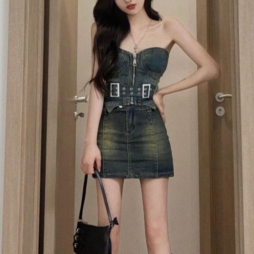 Áo Ống Denim Ôm Dáng Quyến Rũ Hợp Thời Trang Cho Nữ Mặc Kèm Váy Đường Phố Chiên Thịt