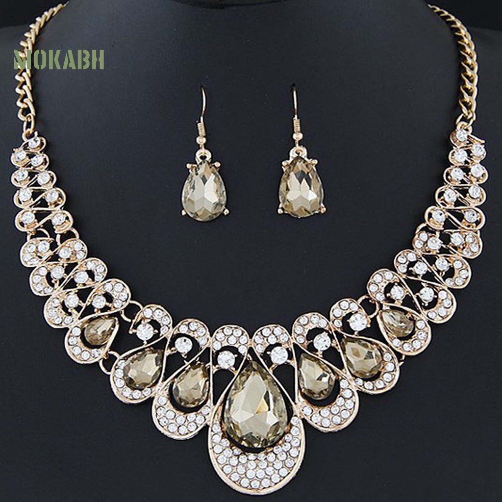 Set 2 Vòng cổ / Bông Tai Hình Giọt Nước Đính Đá Nhiều Màu Thời Trang