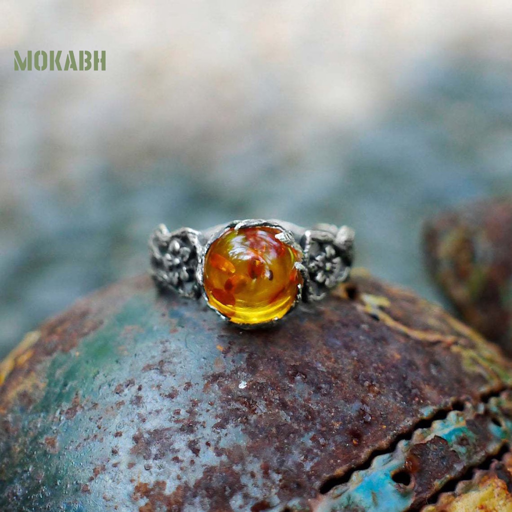 [Mới] Nhẫn Bạc Họa Tiết Hoa Rỗng Màu Hổ Phách Sang Trọng Cá Tính Dành Cho Nữ