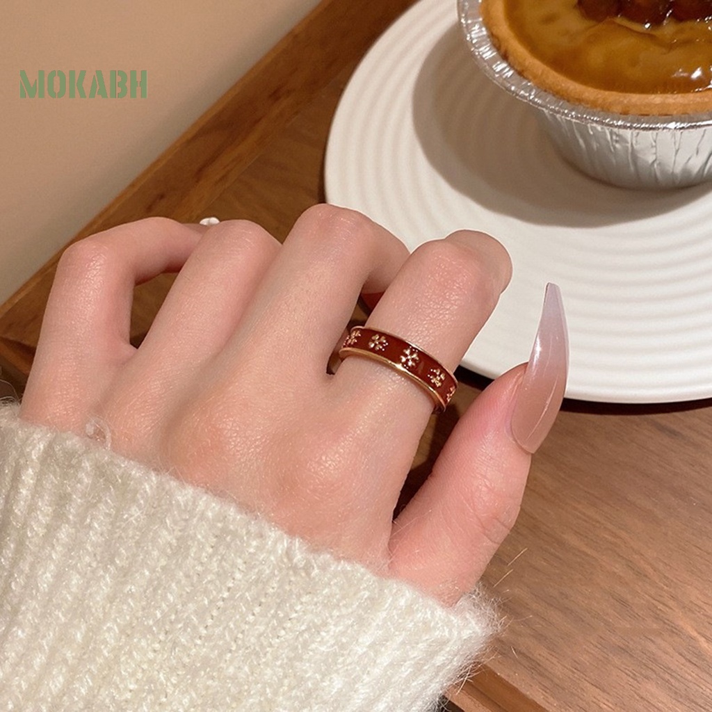 [Mới] Nhẫn Dạng Mở Hình Cỏ Bốn Lá Bằng Kim Loại Tráng Men Màu Đỏ Thanh Lịch Có Thể Điều Chỉnh Kích