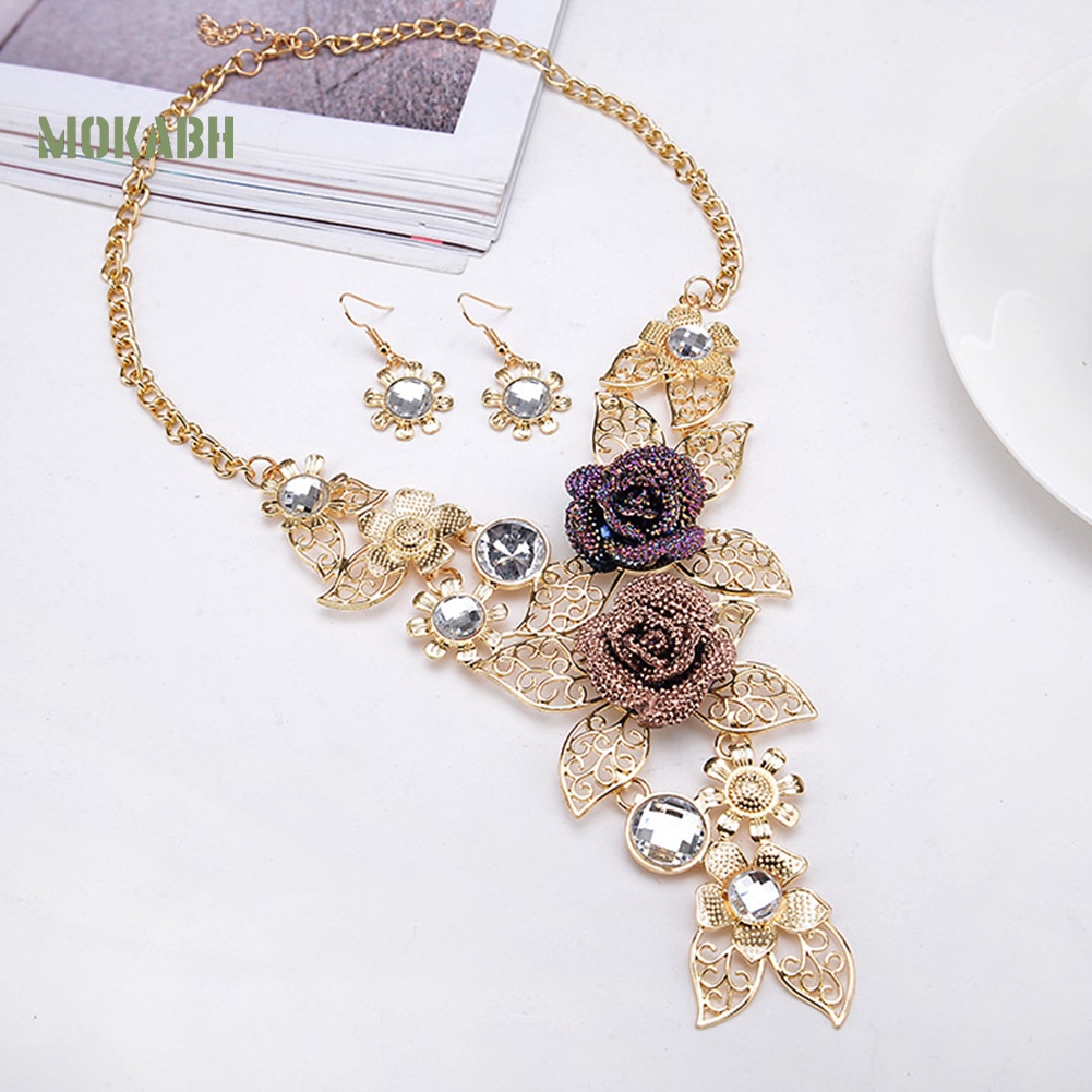 Bộ Vòng cổ + Bông Tai Đính Đá Hình Hoa Lá Rỗng Thời Trang Cho Nữ