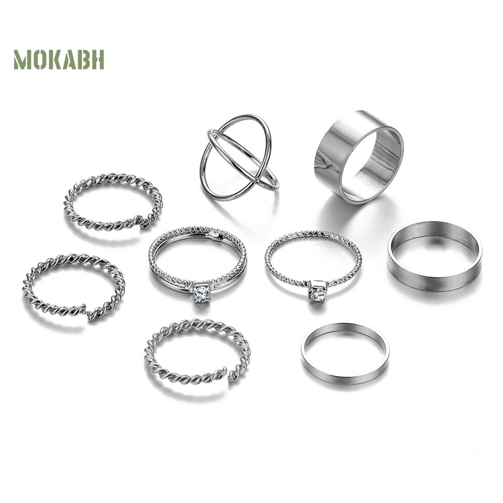 [Mới] Set 9 Nhẫn Hở Mạ Điện Họa Tiết Hình Học Xoắn Cổ Điển Có Thể Điều Chỉnh Làm Quà Tặng Trang Sức