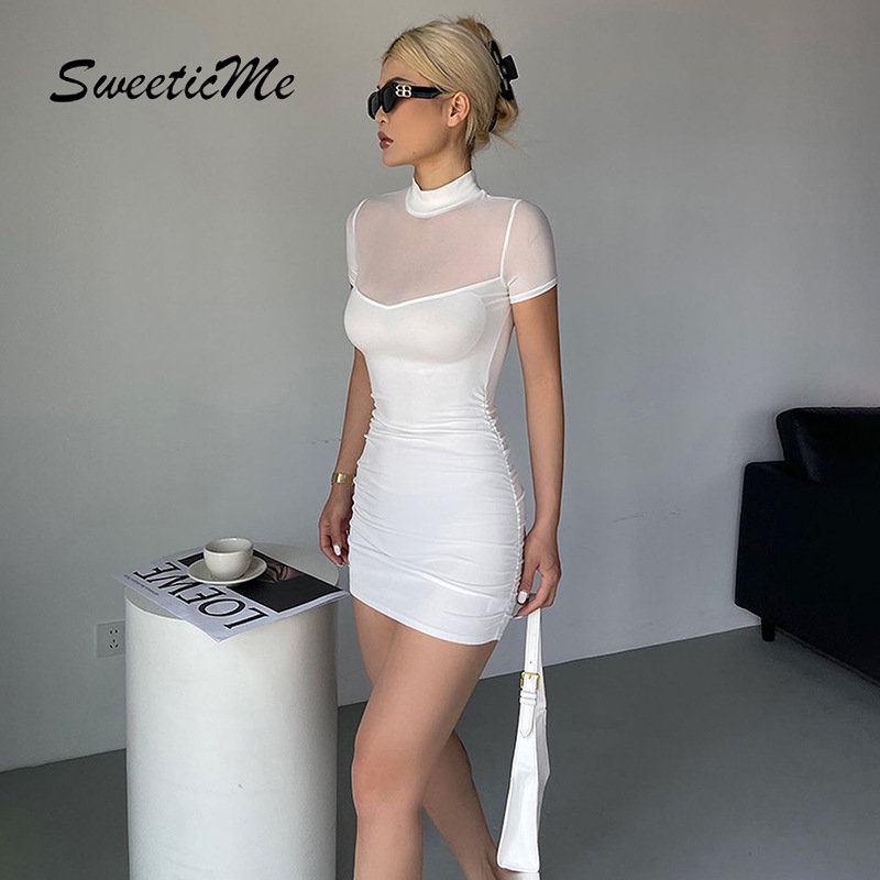 Đầm Ngắn Tay Cổ Lọ Màu Trơn Dáng Ôm Thời Trang 2023 Gợi Cảm Cho Nữ