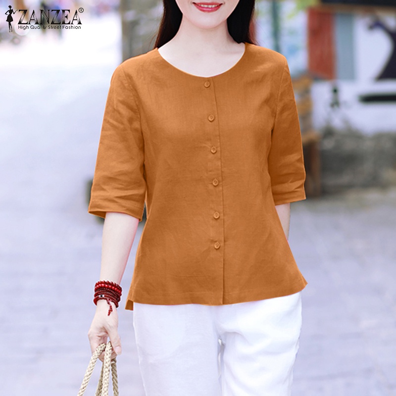 ZANZEA Áo Thun Nữ Tay Lửng Cổ Tròn Thời Trang Hàn Quốc