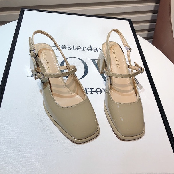 Giày Xăng Đan Da Bóng Gót Dày Vừa Mũi Vuông Cài Khóa Kiểu Retro Hàn Quốc Thời Trang Mùa Xuân 2023 Cho Bạn Gái