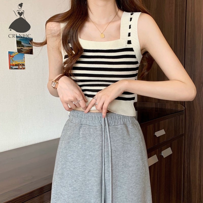 Áo Hai Dây Dệt Kim Kẻ Sọc Dáng Ôm Thời Trang Mùa Hè Vintage Cho Nữ