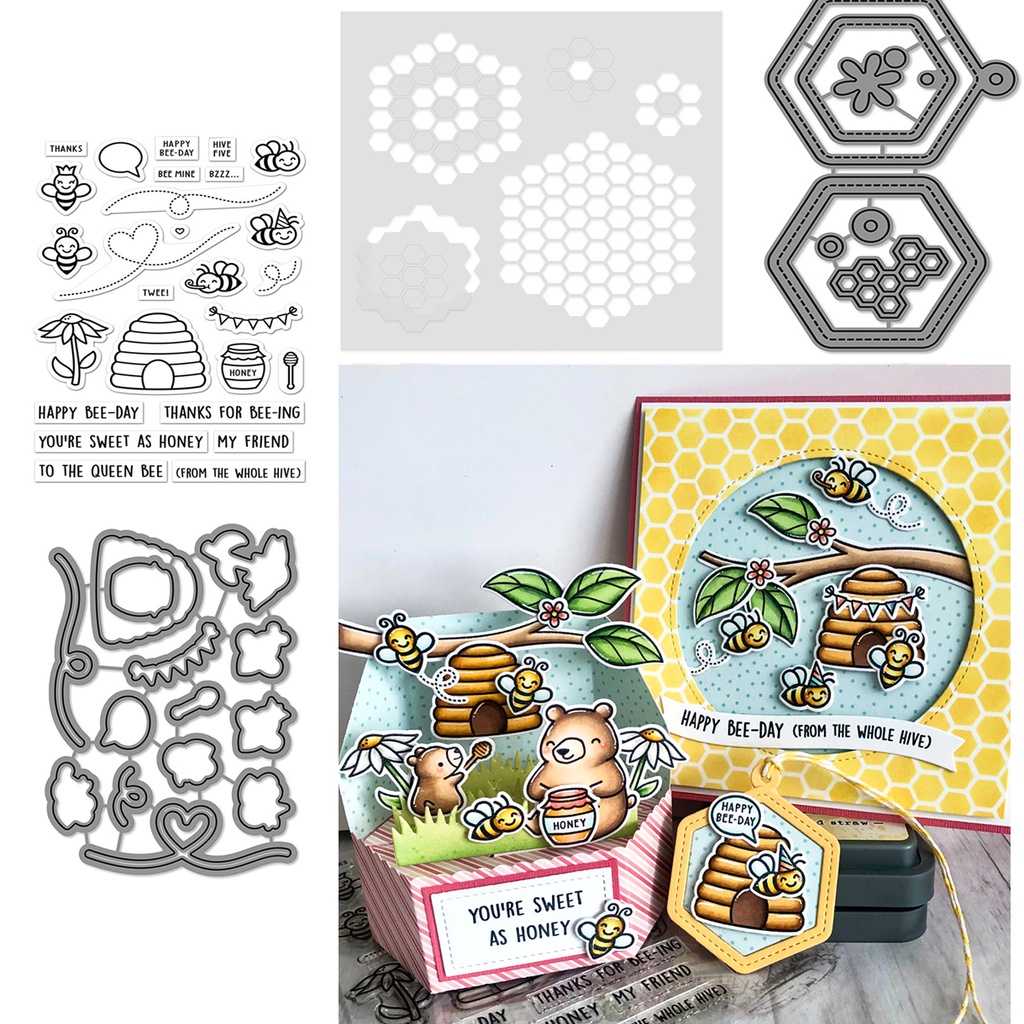 Khuôn Cắt Hình Tổ Ong Bằng Kim Loại + Con Dấu Trong Suốt Dùng Trang Trí Thiệp Sổ Tay DIY