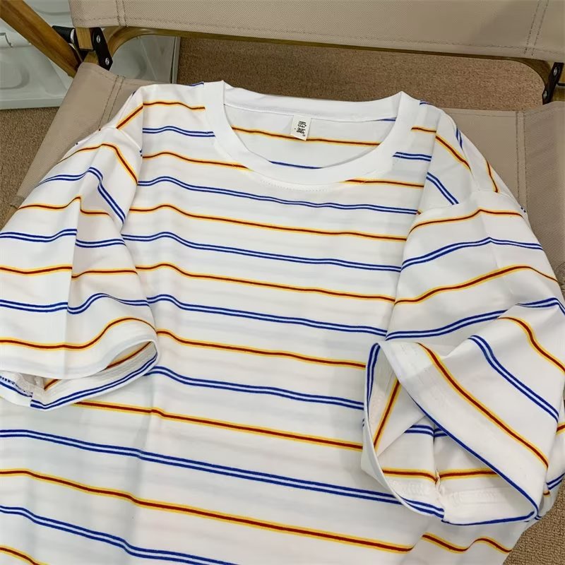 Áo Thun Cotton Cổ Tròn Tay Ngắn Họa Tiết Kẻ Sọc Phong Cách Hong Kong Thời Trang Mùa Hè Cho Nam