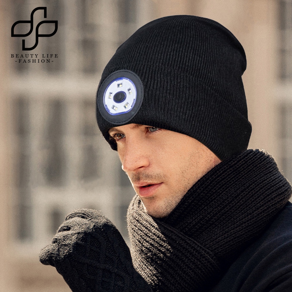 Mũ Beanie Dệt Kim Đính Hạt 5 LED Màu Sắc Tùy Chọn 3 Chế Độ Sạc USB Unisex Thời Trang Thu Đông