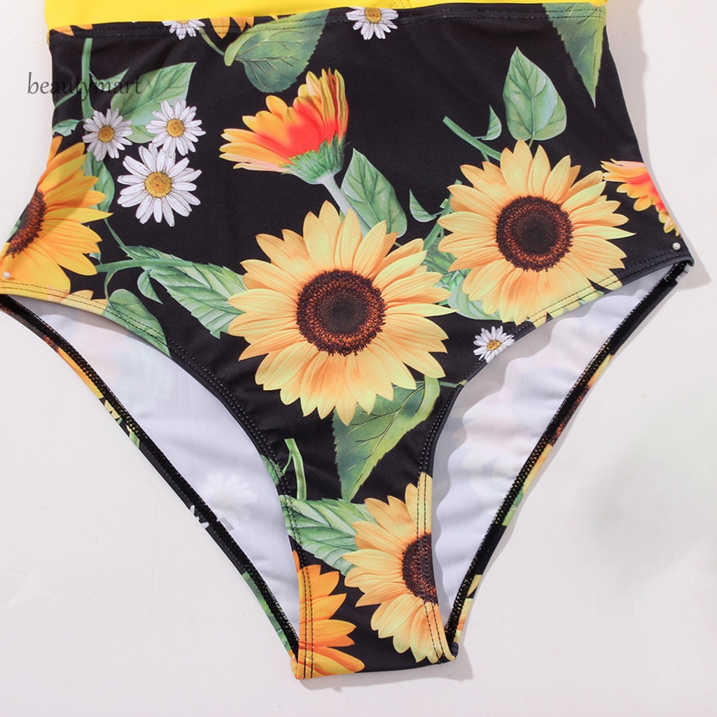 [beautymart] Bộ Đồ Bơi Một Mảnh Cổ Chữ V Khoét Sâu In Họa Tiết Hoa Hướng Dương Quyến Rũ Dành Cho Nữ