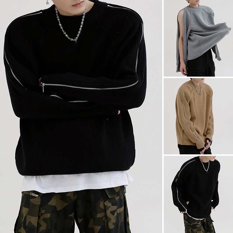 XMAN Hàn Quốc đứng cổ thiết kế kim loại Zipper Splice rắn màu áo len dài tay
