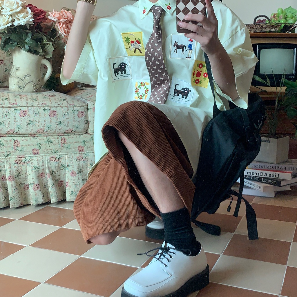 Áo Sơ Mi Tay Ngắn C2 Thêu Họa Tiết Phong Cách Đường Phố Cổ Điển Thời Trang Mùa Hè Cho Cặp Đôi