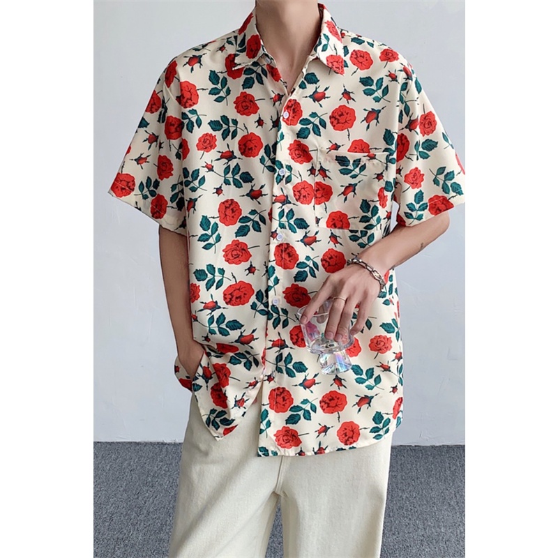 Áo Sơ Mi Ngắn Tay Dáng Rộng In Họa Tiết Hoa Thời Trang Harajuku Nhật Bản Cho Nam