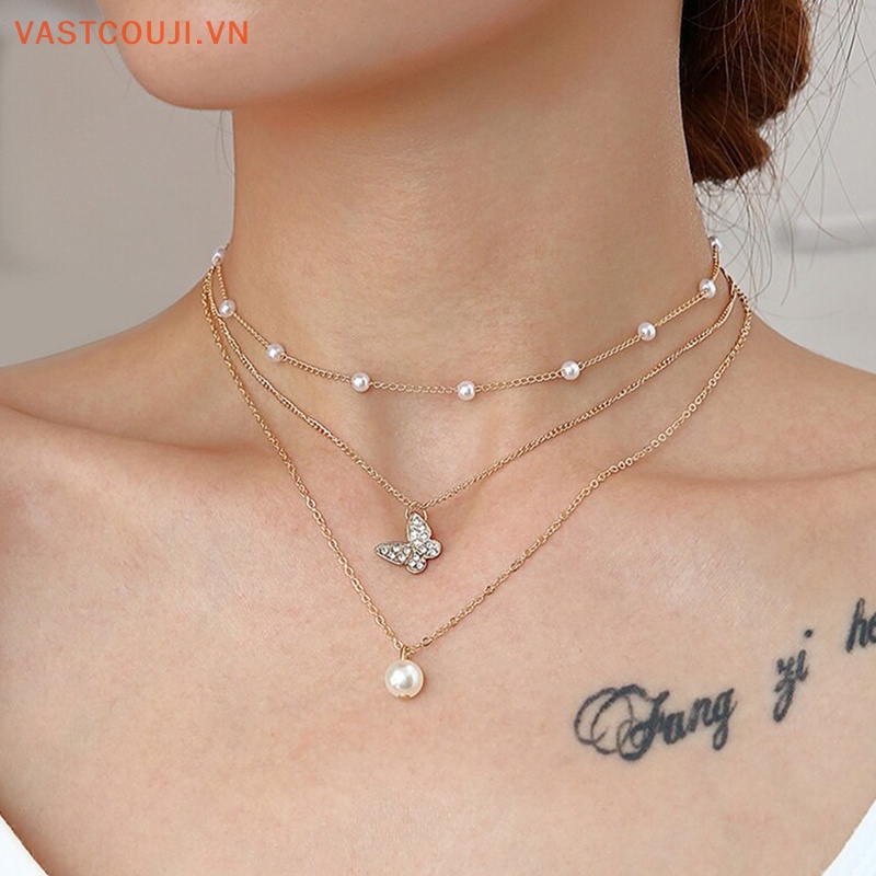 Vòng Cổ Choker Nhiều Lớp Mặt Hình Bướm Và Ngọc Trai Thanh Lịch Cho Nữ
