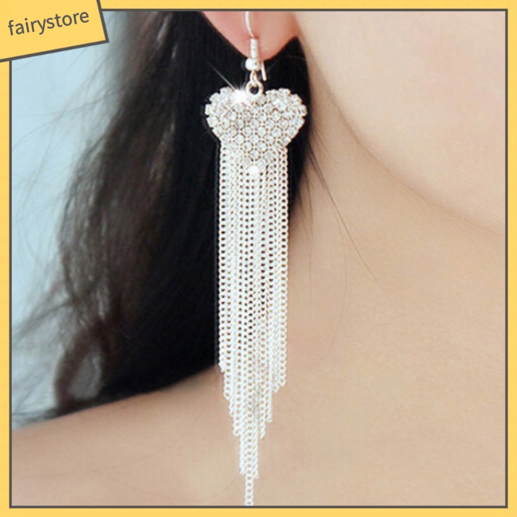 Bông Tai Dài Hình Trái Tim Đính Đá Lấp Lánh Thời Trang Cho Nữ