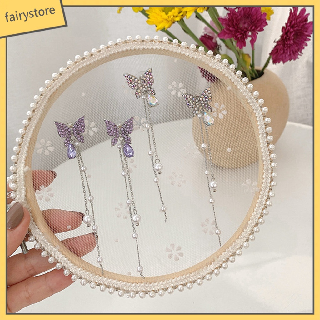 1 Đôi Bông Tai Dáng Dài Hình Bướm Đính Đá Tinh Tế Thời Trang