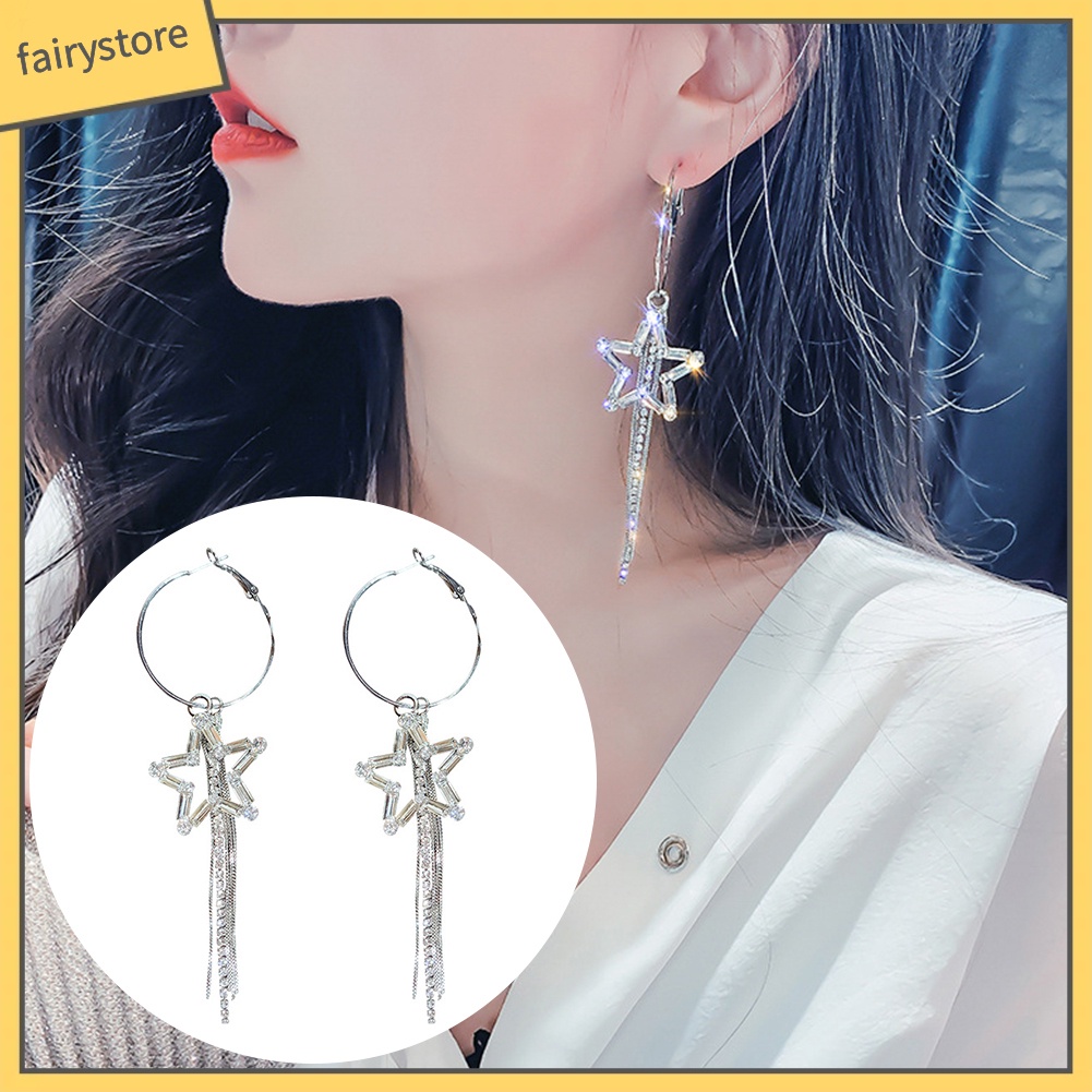 Bông Tai Dạng Vòng Hình Ngôi Sao Năm Cánh Đính Đá Phối Tua Rua Thời Trang Cho Nữ