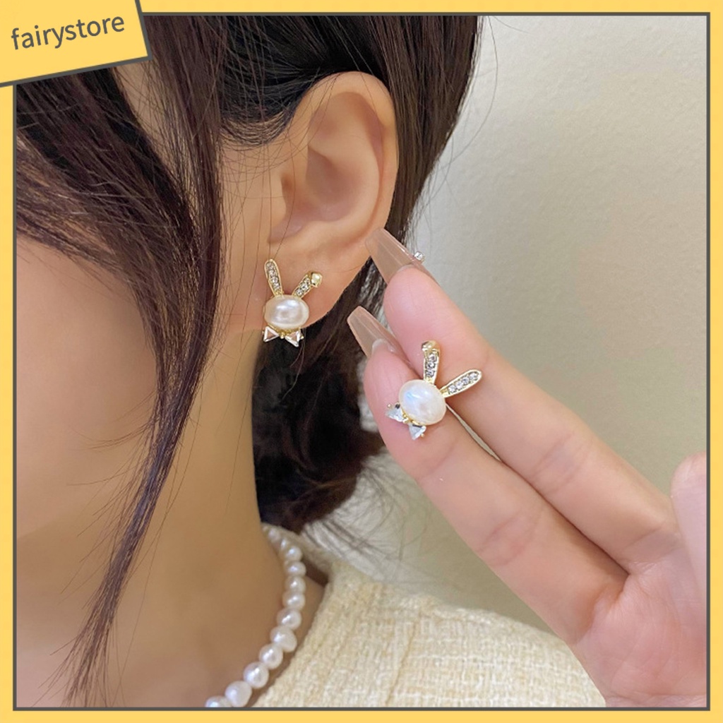 [FRO] 1 Đôi Khuyên Tai Xỏ Hạt Ngọc Trai Giả Hình Thú Không Gây Dị Ứng Trang Trí Khối Đá Zirconia Không Phai Màu Trang Sức Cho Nữ