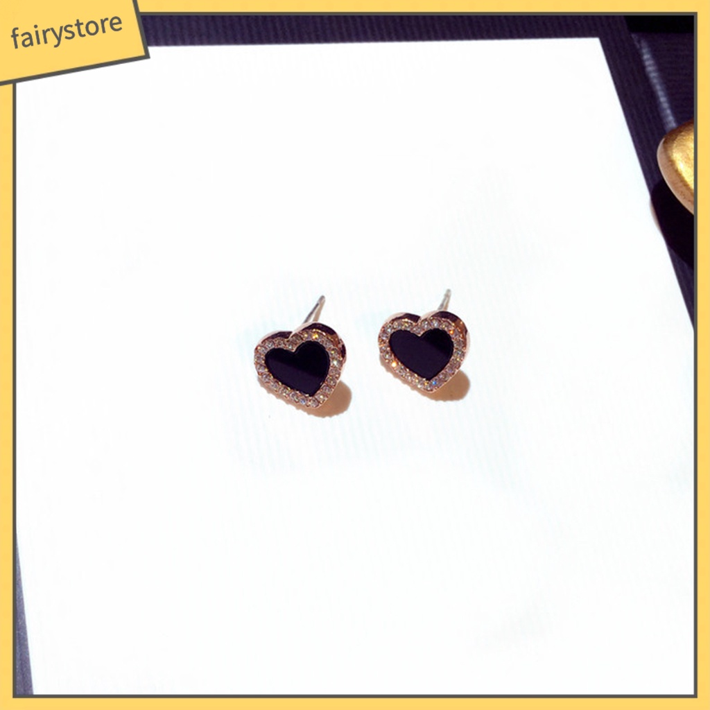 Bông Tai Hình Trái Tim Đính Đá Màu Đen Thời Trang Cho Nữ