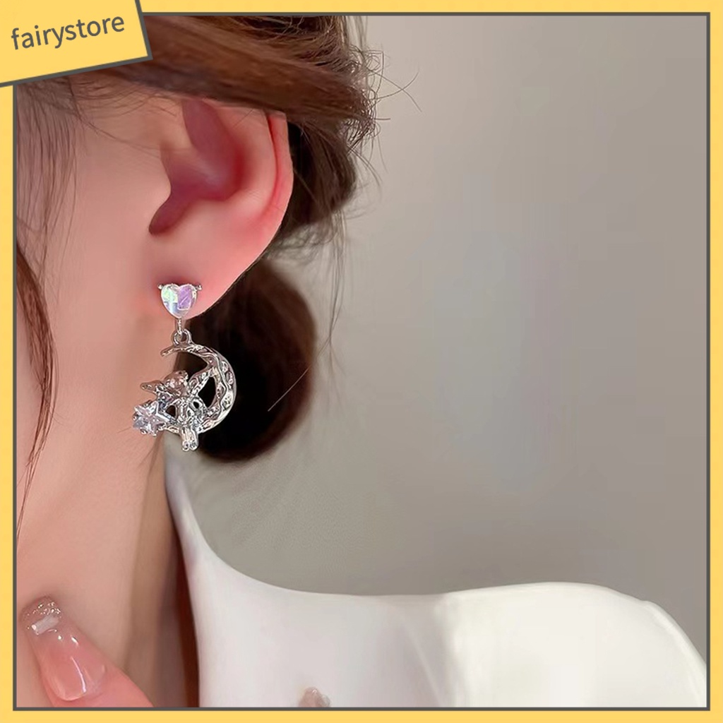 1 Đôi Bông Tai Hình Trái Tim Đính Đá Mặt Trăng Ngôi Sao Không Gây Dị Ứng Thời Trang