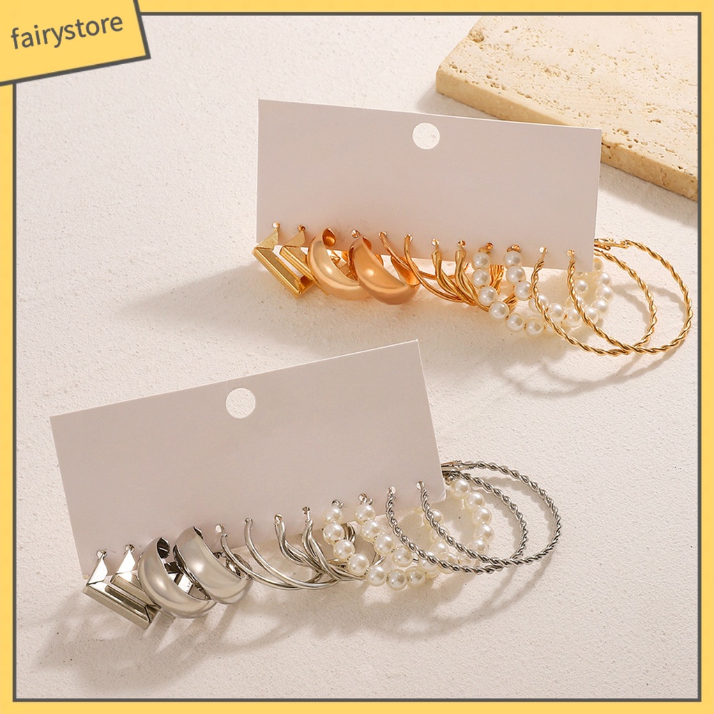 Set 6 Đôi Bông Tai Dạng Vòng Hình Chữ C Đính Ngọc Trai Nhân Tạo Thời Trang Dành Cho Nữ