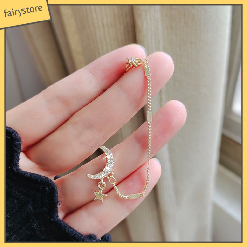 1 Bông Tai Đeo Vành Tai Hình Mặt Trăng Ngôi Sao Đính Đá Bằng Hợp Kim