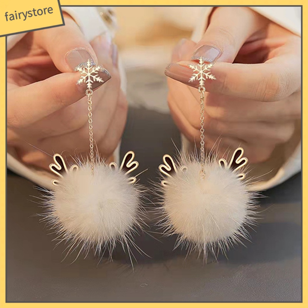 [FRO] 1 Đôi Bông Tai Thiết Kế Hình Học Dạng Tua Rua Bằng Lông Chồn Đính Sừng Hươu Cho Nữ