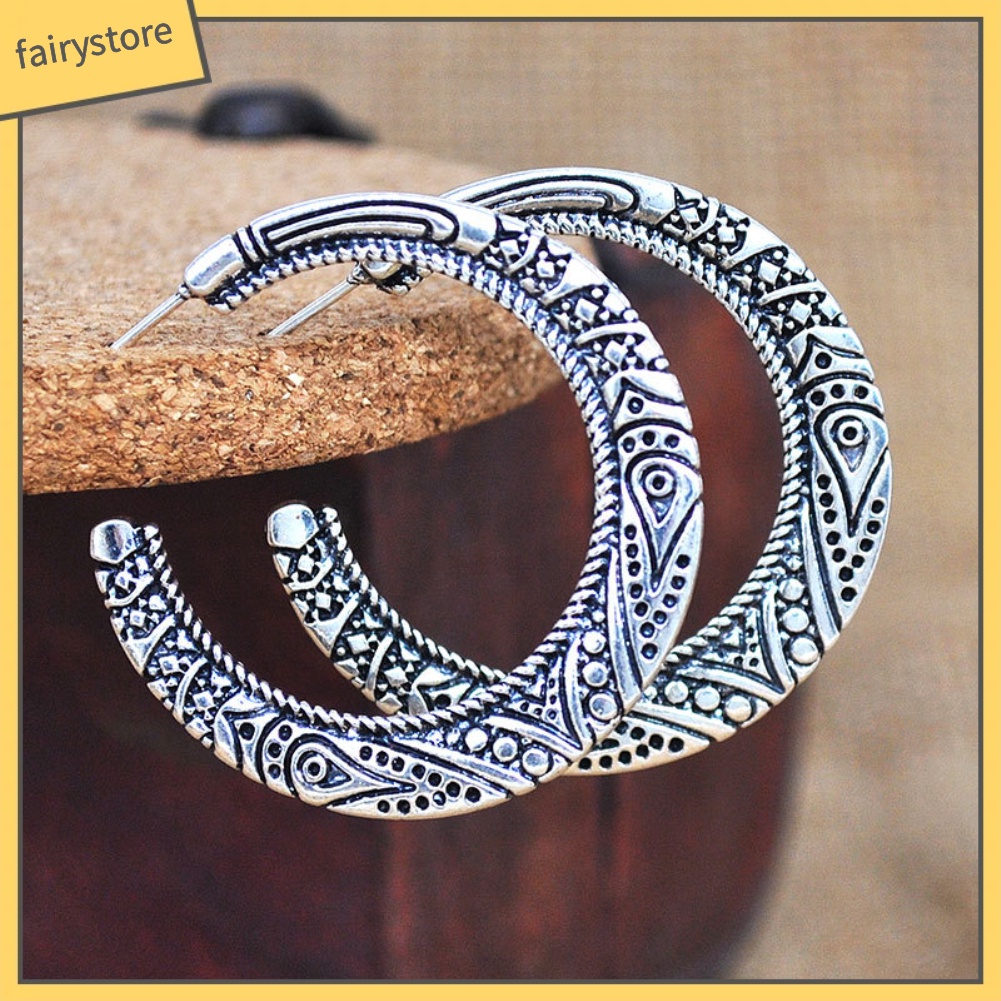 Khuyên Tai Tròn Lớn Chạm Khắc Phong Cách Tây Tạng Cổ Điển Dành Cho Nữ