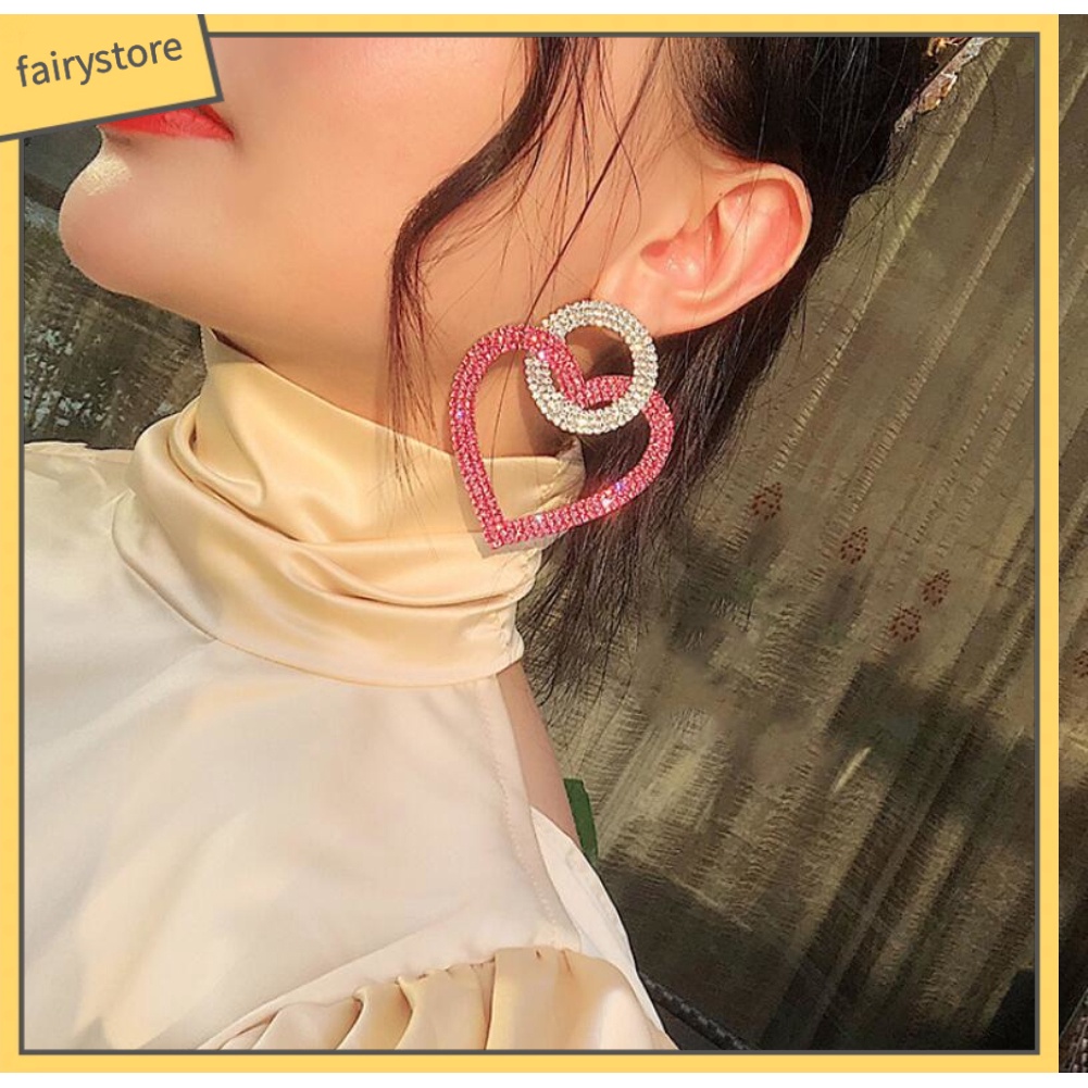 Bông Tai Hình Tròn Đính Đá Hình Trái Tim Cho Nữ