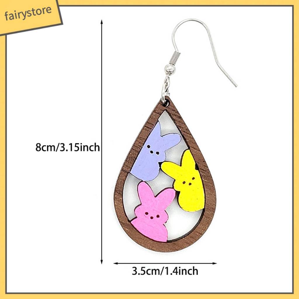 1 Đôi Bông Tai Hình Giọt Nước Họa Tiết Thỏ Bằng Gỗ Thời Trang