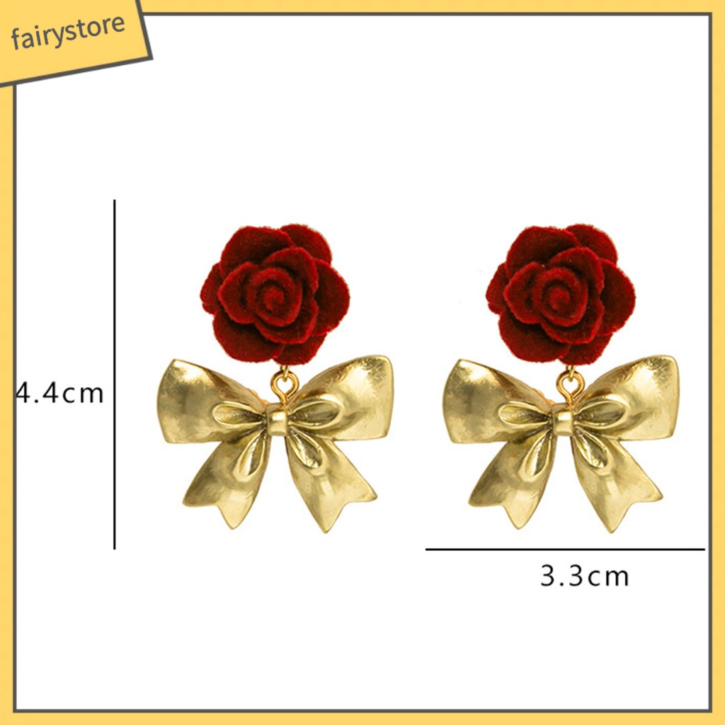 [FRO] 1 Đôi Bông Tai Thả Mạ Bạc Họa Tiết Hoa Hồng / Nơ Dáng Dài Lãng Mạn Cao Cấp