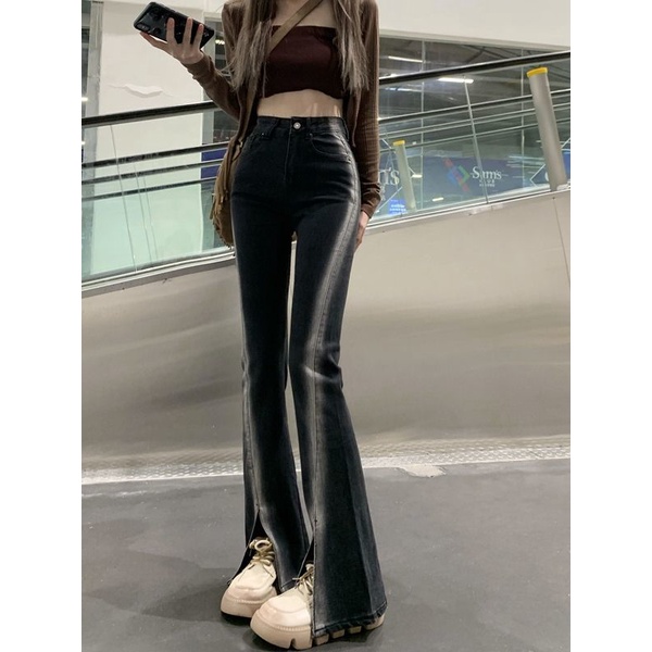 【✨Hàng Có Sẵn Giao Hàng Nhanh Chóng✨] Quần Jean Ống Loe Xẻ Tà Nhẹ Nhàng Ôm Dáng Lưng Cao Co Giãn Màu Gradient Phong Cách Mỹ Cổ Điển Mùa Thu Mới Cho Nữ