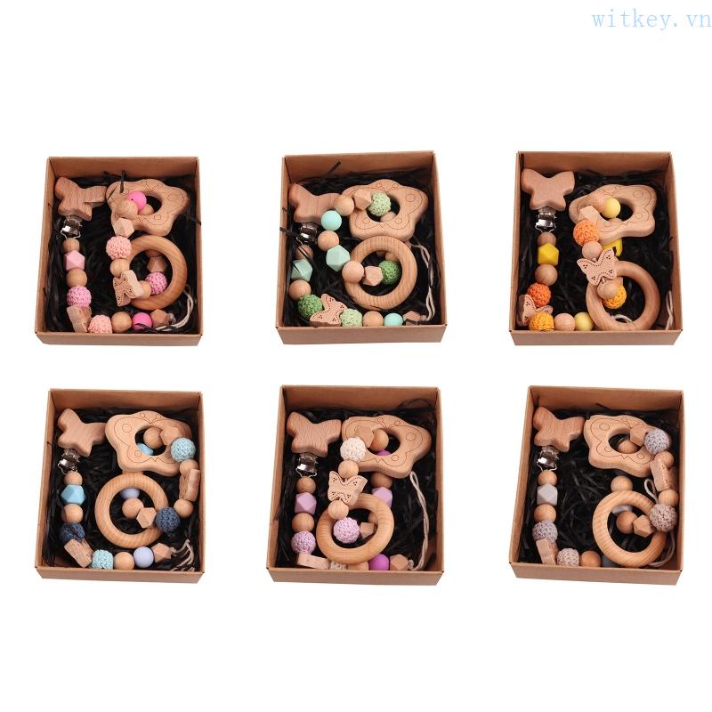 Bộ 2 Đồ Chơi Vòng Tay Lục Lạc Gỗ Phối Chuỗi Xích Gắn Núm Vú Giả Dễ Thương Cho Bé Mọc Răng